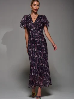 Jolie Moi Occasion Dresses|Floral Dresses-V-Neck Frill Sleeve Chiffon Midaxi Dress, Purple Multi