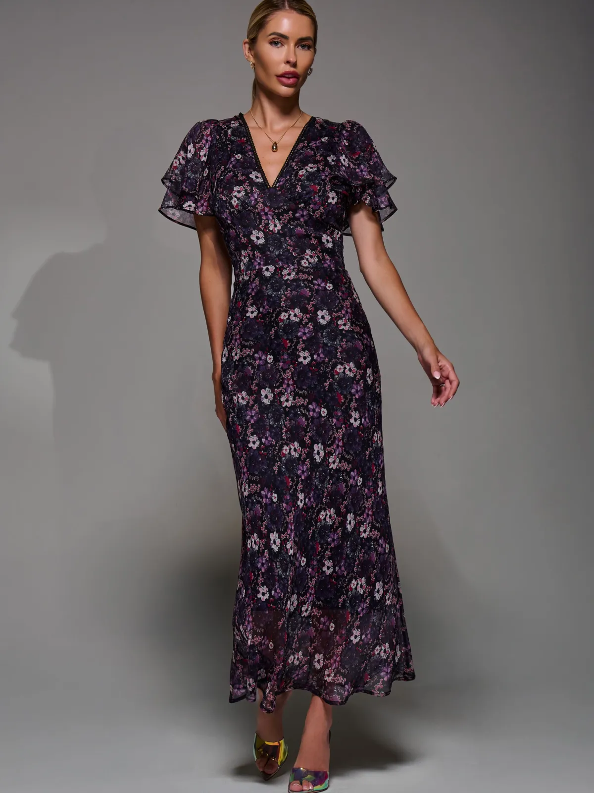 Jolie Moi Occasion Dresses|Floral Dresses-V-Neck Frill Sleeve Chiffon Midaxi Dress, Purple Multi