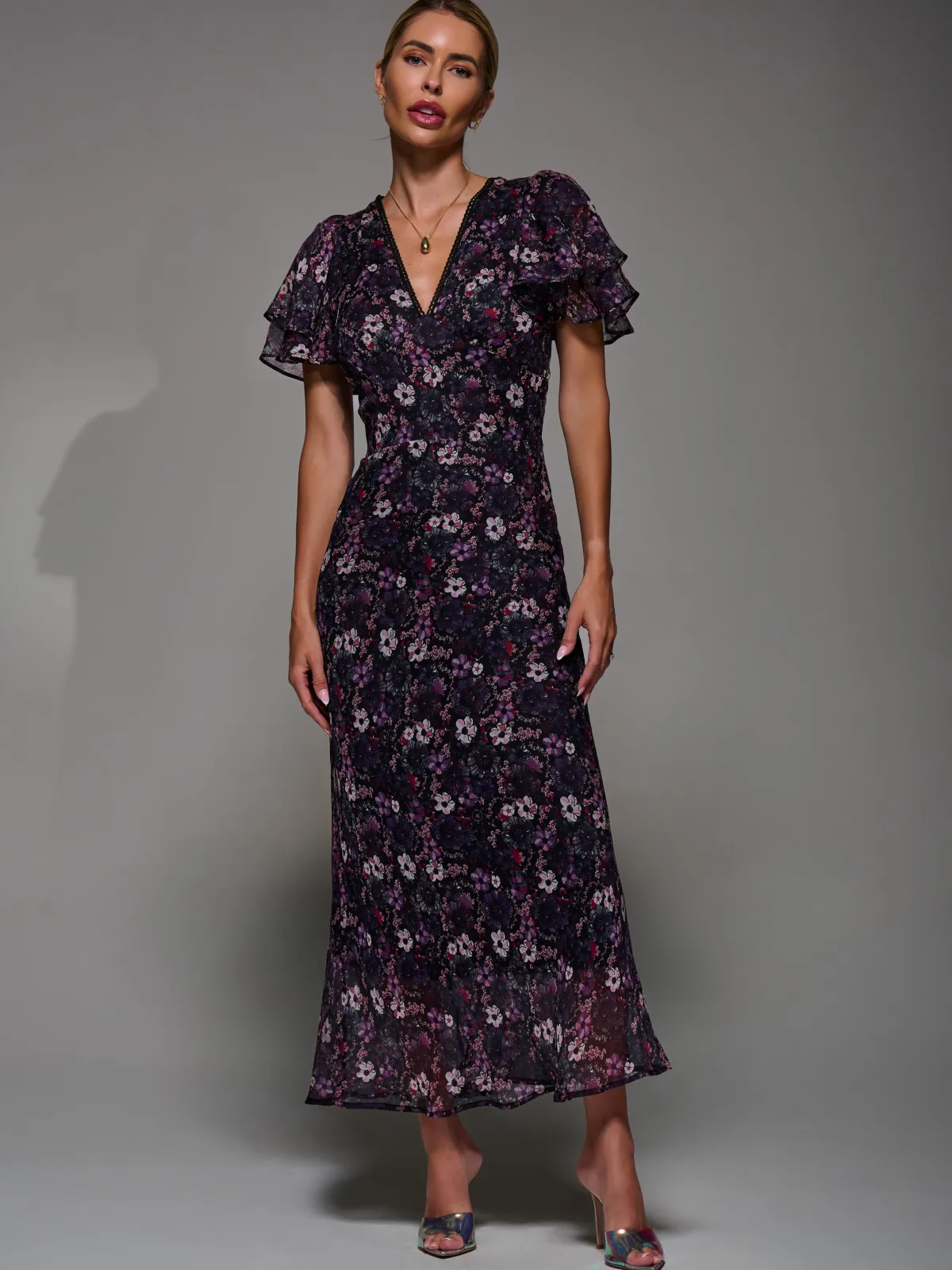 Jolie Moi Occasion Dresses|Floral Dresses-V-Neck Frill Sleeve Chiffon Midaxi Dress, Purple Multi