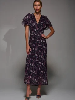 Jolie Moi Occasion Dresses|Floral Dresses-V-Neck Frill Sleeve Chiffon Midaxi Dress, Purple Multi