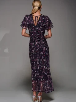 Jolie Moi Occasion Dresses|Floral Dresses-V-Neck Frill Sleeve Chiffon Midaxi Dress, Purple Multi