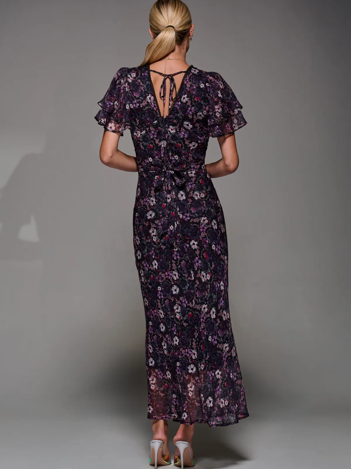 Jolie Moi Occasion Dresses|Floral Dresses-V-Neck Frill Sleeve Chiffon Midaxi Dress, Purple Multi