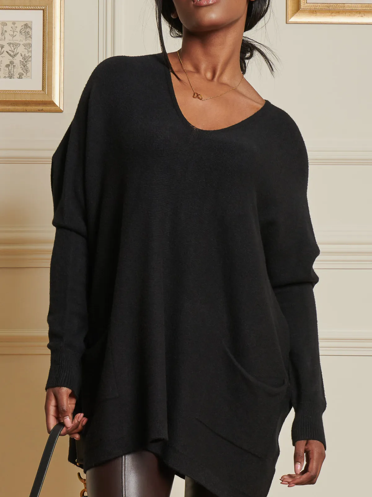 Jolie Moi Knitted Jumpers-V-Neck Front Pocket Detail Jumper, Black