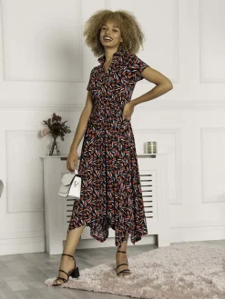 Jolie Moi Office Wear|Office Dresses-V Neck Hanky Maxi Dress, Black Multi