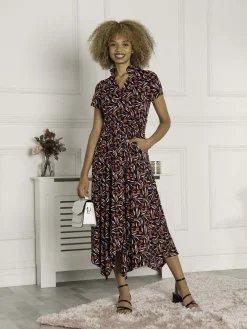 Jolie Moi Office Wear|Office Dresses-V Neck Hanky Maxi Dress, Black Multi