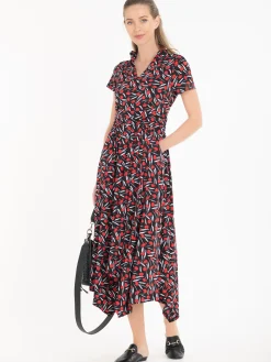 Jolie Moi Office Wear|Office Dresses-V Neck Hanky Maxi Dress, Black Multi