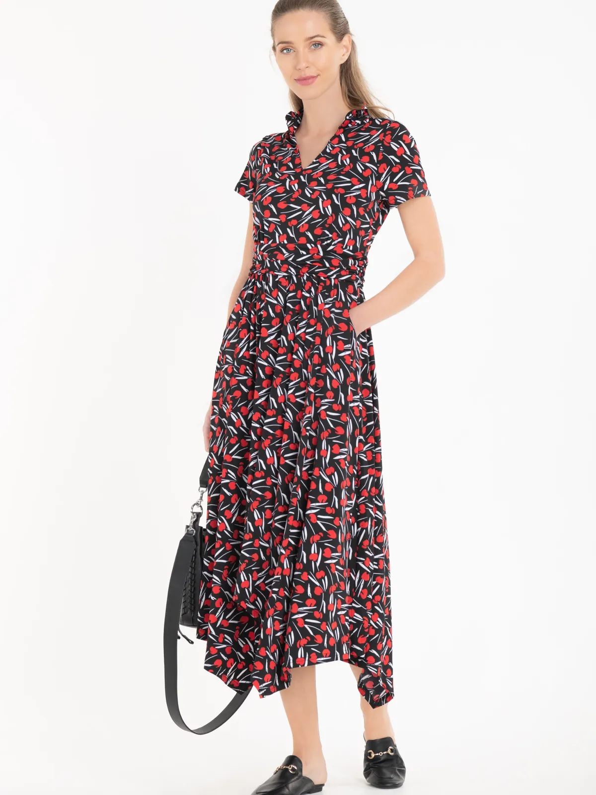 Jolie Moi Office Wear|Office Dresses-V Neck Hanky Maxi Dress, Black Multi