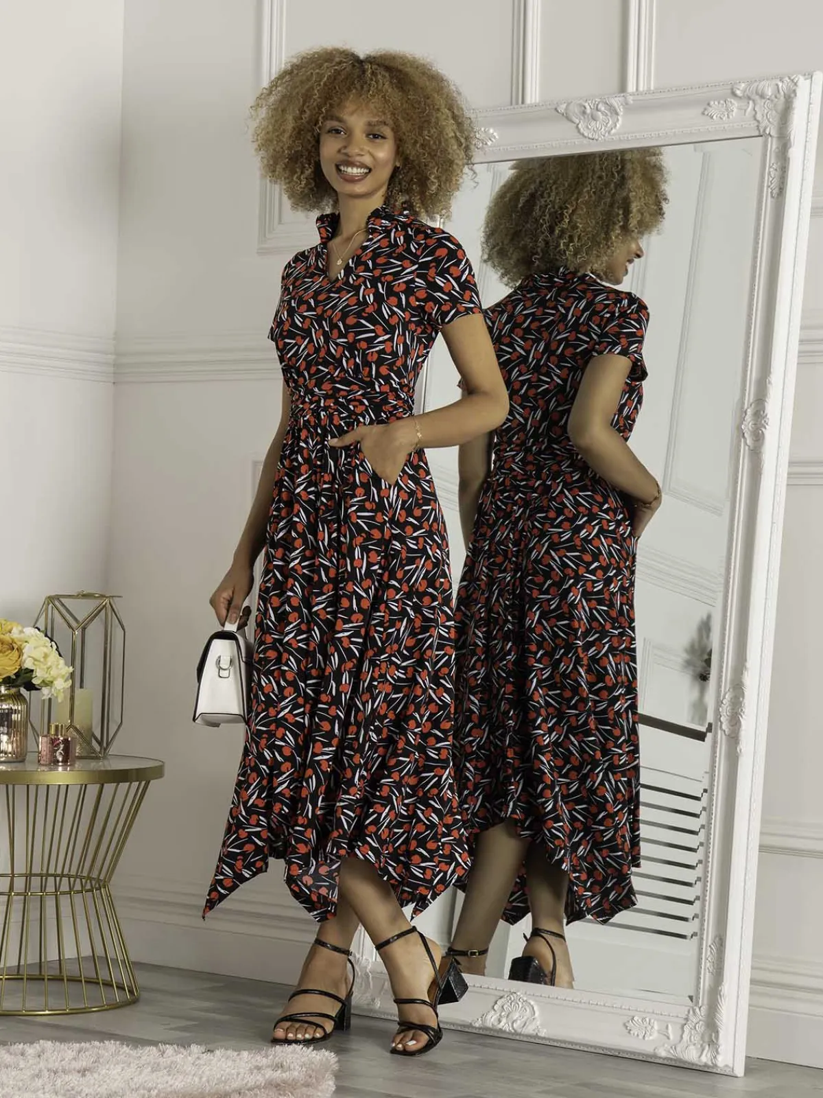 Jolie Moi Office Wear|Office Dresses-V Neck Hanky Maxi Dress, Black Multi