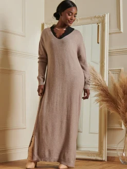 Jolie Moi Made In Italy-V-Neck Knitted Longline Dress, Dusky Rose