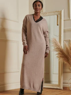 Jolie Moi Made In Italy-V-Neck Knitted Longline Dress, Dusky Rose