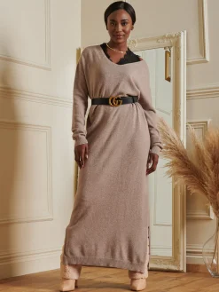 Jolie Moi Made In Italy-V-Neck Knitted Longline Dress, Dusky Rose