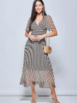 Jolie Moi Occasion Dresses|Office Dresses-V Neck Pleated Chiffon Maxi Dress, Taupe Multi