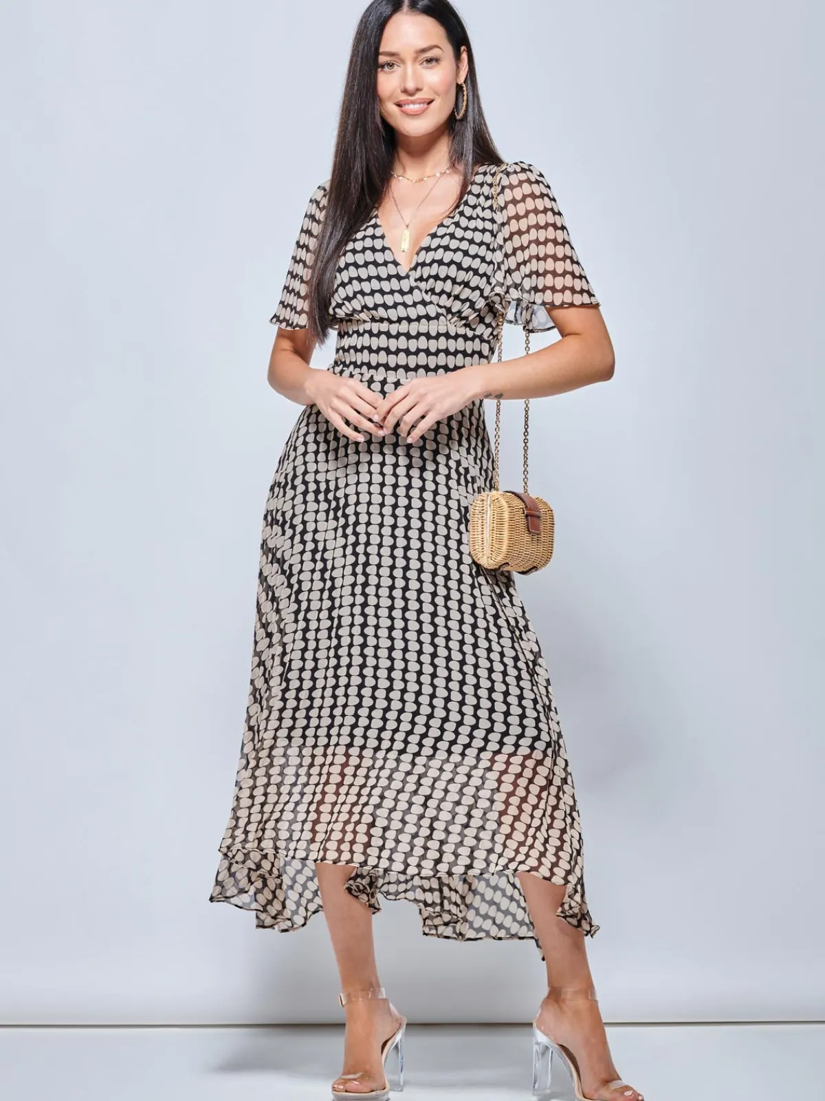 Jolie Moi Occasion Dresses|Office Dresses-V Neck Pleated Chiffon Maxi Dress, Taupe Multi