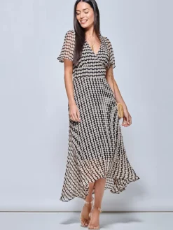 Jolie Moi Occasion Dresses|Office Dresses-V Neck Pleated Chiffon Maxi Dress, Taupe Multi