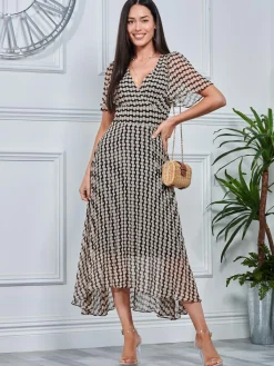 Jolie Moi Occasion Dresses|Office Dresses-V Neck Pleated Chiffon Maxi Dress, Taupe Multi