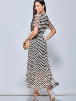Jolie Moi Occasion Dresses|Office Dresses-V Neck Pleated Chiffon Maxi Dress, Taupe Multi