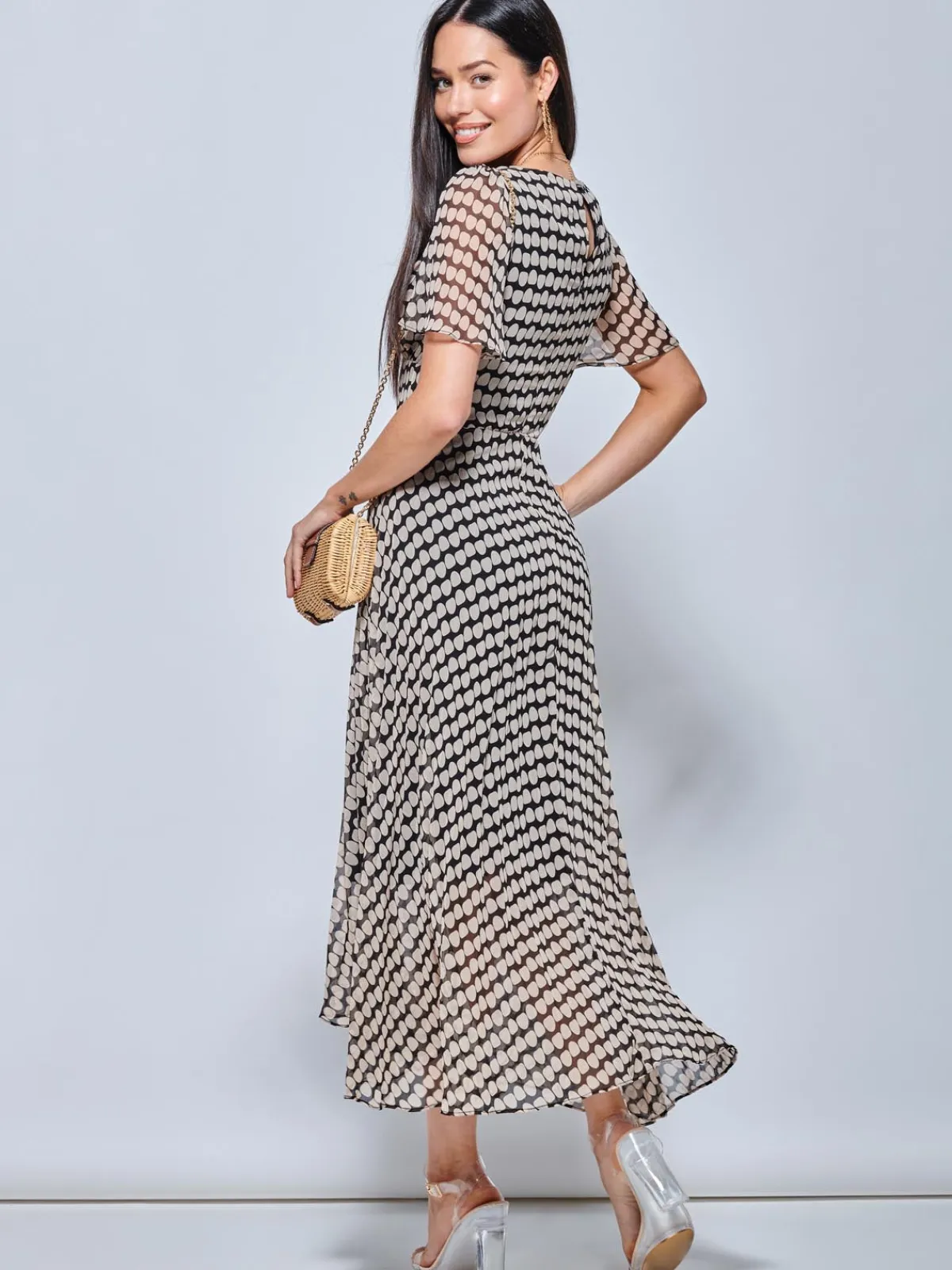 Jolie Moi Occasion Dresses|Office Dresses-V Neck Pleated Chiffon Maxi Dress, Taupe Multi