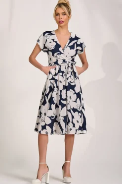 Jolie Moi Occasion Dresses|Wedding Guest-V Neck Print Scuba Midi Dress, Navy Floral