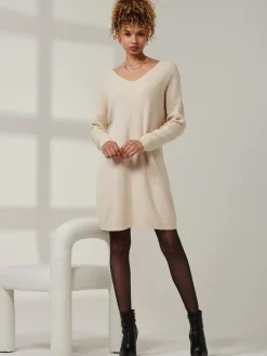 Jolie Moi Knitted Jumpers-V-Neck Ribbed Knit Tunic Jumper, Beige Heather