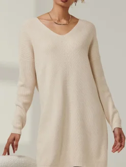 Jolie Moi Knitted Jumpers-V-Neck Ribbed Knit Tunic Jumper, Beige Heather