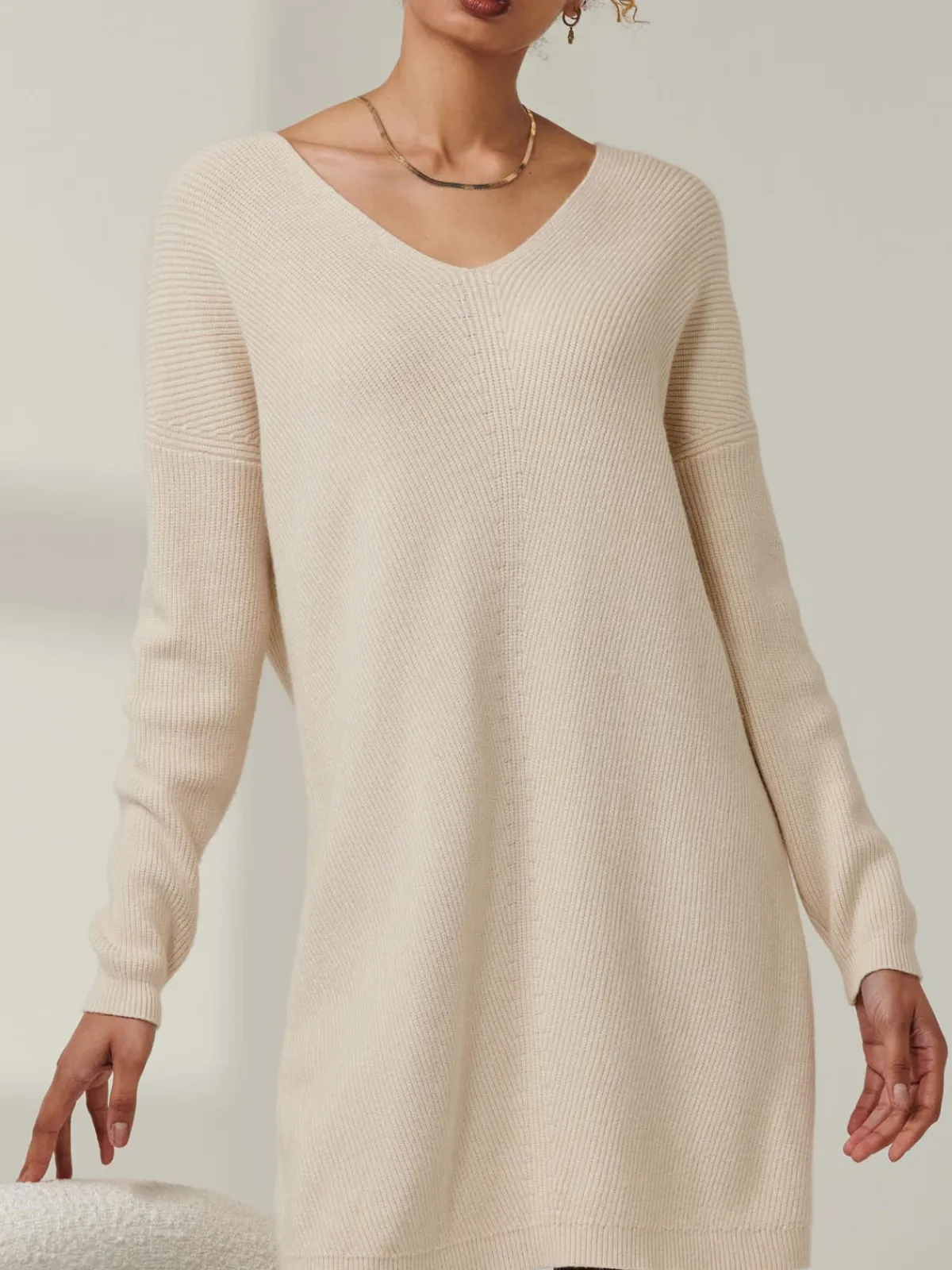 Jolie Moi Knitted Jumpers-V-Neck Ribbed Knit Tunic Jumper, Beige Heather