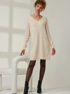 Jolie Moi Knitted Jumpers-V-Neck Ribbed Knit Tunic Jumper, Beige Heather