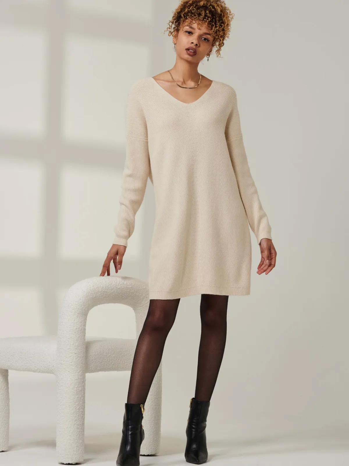 Jolie Moi Knitted Jumpers-V-Neck Ribbed Knit Tunic Jumper, Beige Heather
