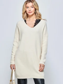 Jolie Moi Knitted Jumpers-V-Neck Ribbed Knit Tunic Jumper, Beige Heather