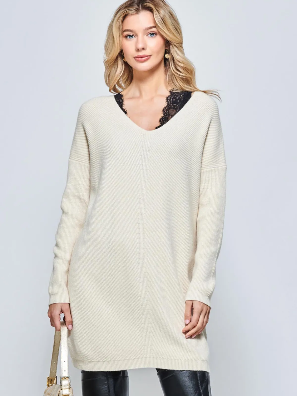 Jolie Moi Knitted Jumpers-V-Neck Ribbed Knit Tunic Jumper, Beige Heather
