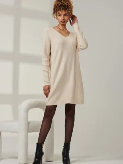 Jolie Moi Knitted Jumpers-V-Neck Ribbed Knit Tunic Jumper, Beige Heather