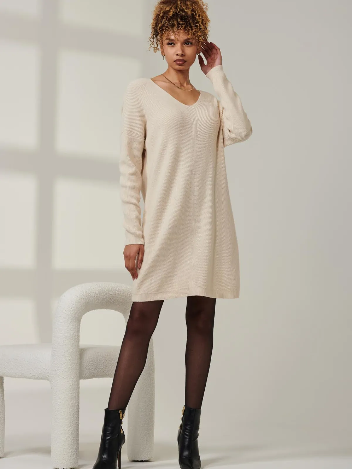 Jolie Moi Knitted Jumpers-V-Neck Ribbed Knit Tunic Jumper, Beige Heather