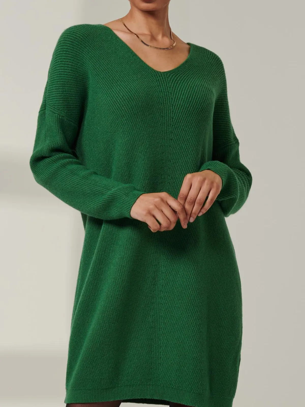 Jolie Moi Knitted Jumpers-V-Neck Ribbed Knit Tunic Jumper, Green
