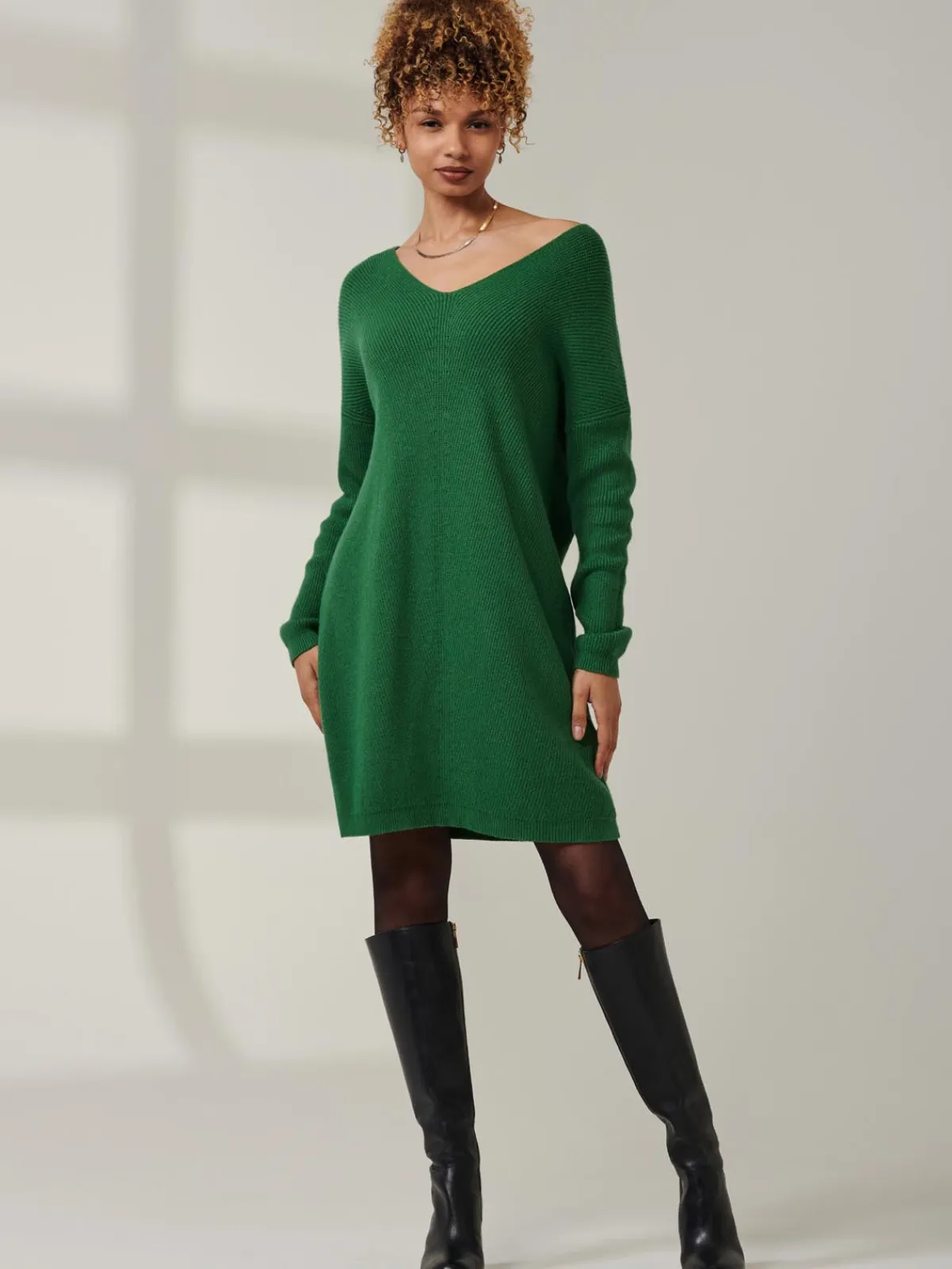 Jolie Moi Knitted Jumpers-V-Neck Ribbed Knit Tunic Jumper, Green