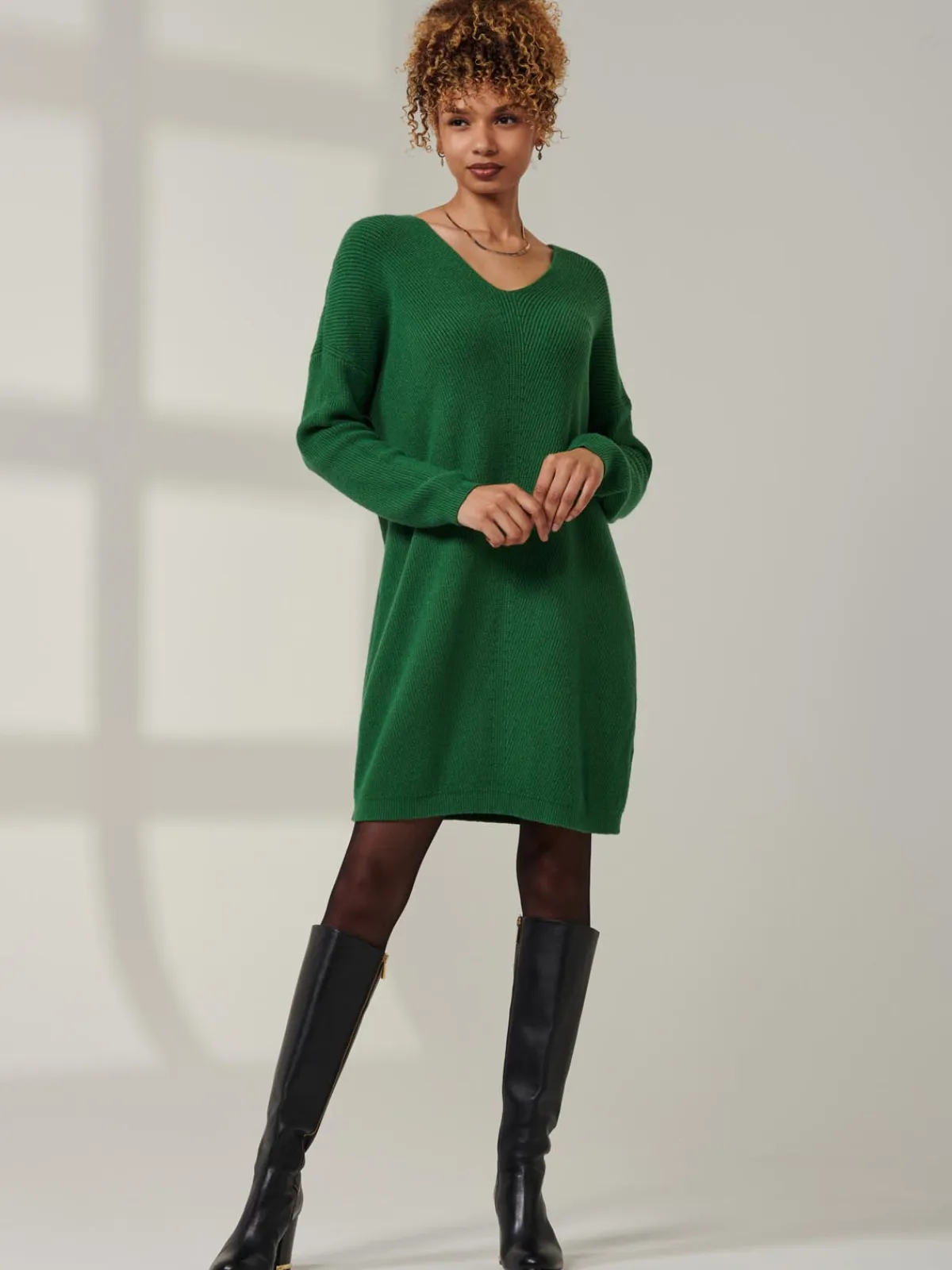 Jolie Moi Knitted Jumpers-V-Neck Ribbed Knit Tunic Jumper, Green