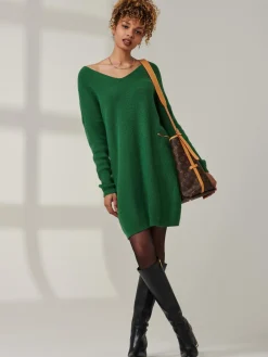 Jolie Moi Knitted Jumpers-V-Neck Ribbed Knit Tunic Jumper, Green