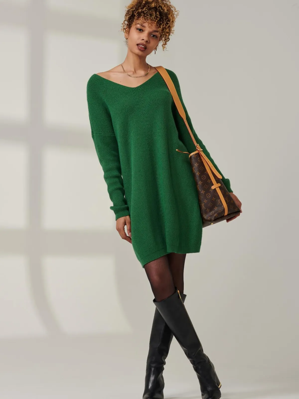 Jolie Moi Knitted Jumpers-V-Neck Ribbed Knit Tunic Jumper, Green
