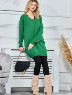Jolie Moi Knitted Jumpers-V-Neck Ribbed Knit Tunic Jumper, Green
