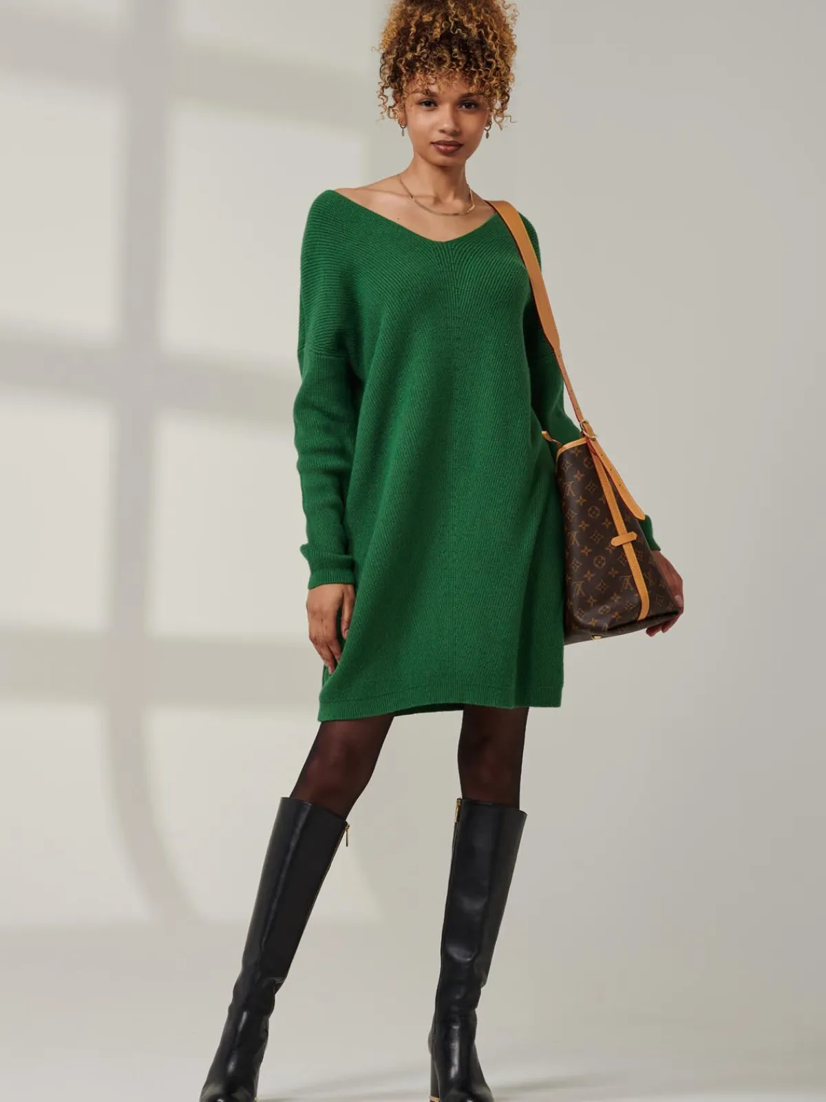 Jolie Moi Knitted Jumpers-V-Neck Ribbed Knit Tunic Jumper, Green