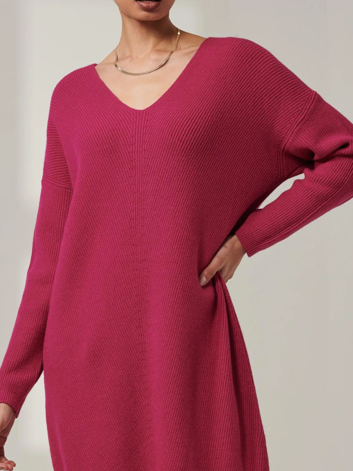 Jolie Moi Office Wear|Weekend Casuals-V-Neck Ribbed Knit Tunic Jumper, Raspberry