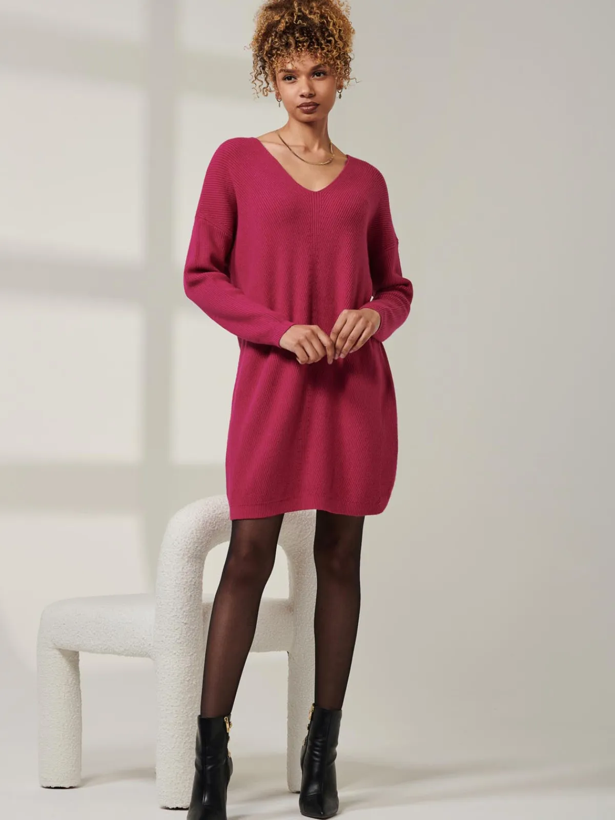 Jolie Moi Office Wear|Weekend Casuals-V-Neck Ribbed Knit Tunic Jumper, Raspberry