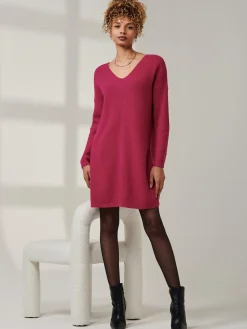 Jolie Moi Office Wear|Weekend Casuals-V-Neck Ribbed Knit Tunic Jumper, Raspberry