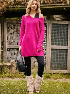 Jolie Moi Office Wear|Weekend Casuals-V-Neck Ribbed Knit Tunic Jumper, Raspberry