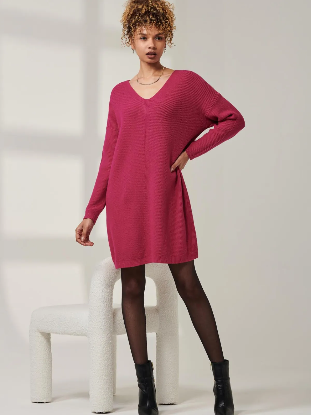Jolie Moi Office Wear|Weekend Casuals-V-Neck Ribbed Knit Tunic Jumper, Raspberry