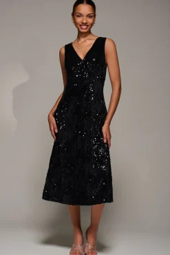 Jolie Moi Occasion Dresses|Sleeveless Dresses-V-Neck Sequin Embellished Velvet Midi Dress, Black