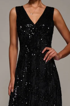 Jolie Moi Occasion Dresses|Sleeveless Dresses-V-Neck Sequin Embellished Velvet Midi Dress, Black