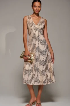 Jolie Moi Occasion Dresses|Sleeveless Dresses-V-Neck Sequin Embellished Velvet Midi Dress, Gold