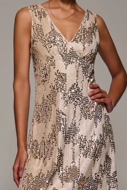 Jolie Moi Occasion Dresses|Sleeveless Dresses-V-Neck Sequin Embellished Velvet Midi Dress, Gold