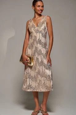 Jolie Moi Occasion Dresses|Sleeveless Dresses-V-Neck Sequin Embellished Velvet Midi Dress, Gold