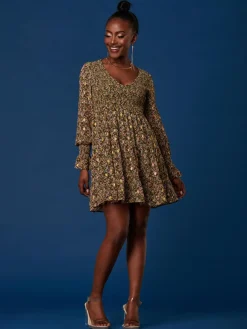 Jolie Moi Occasion Dresses|Floral Dresses-V Neck Shirred Detail Chiffon Dress, Green Floral