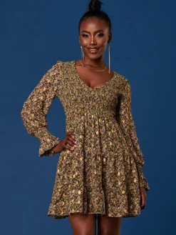 Jolie Moi Occasion Dresses|Floral Dresses-V Neck Shirred Detail Chiffon Dress, Green Floral